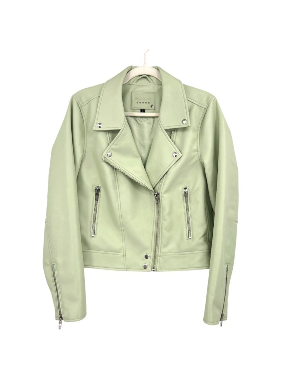 Blank NYC Pastel Green Vegan Leather Moto Biker Jacket Zipper Details Size Large
